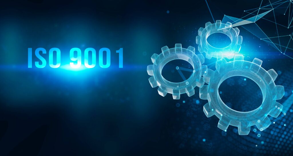 Illustration of gears with the caption ISO 9001