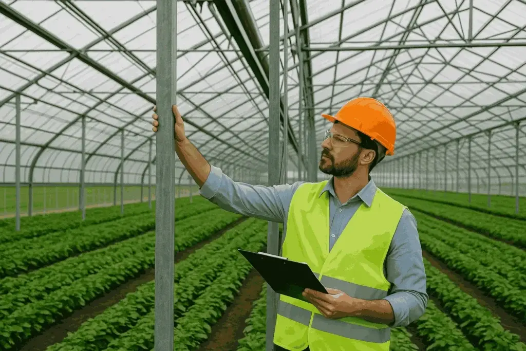 Rendering of a modern agricultural greenhouse with a precision metal structure